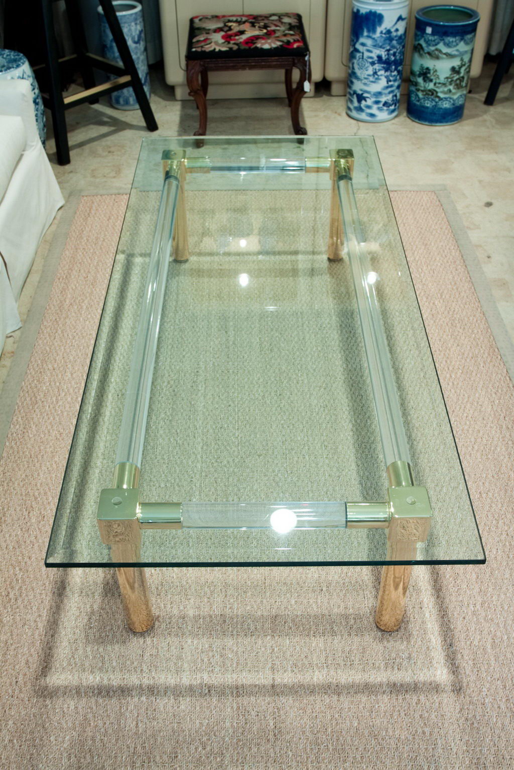 Sold Lucite And Gold Plate Coffee Table Beveled Glass Top Rubbish Interiors Inc